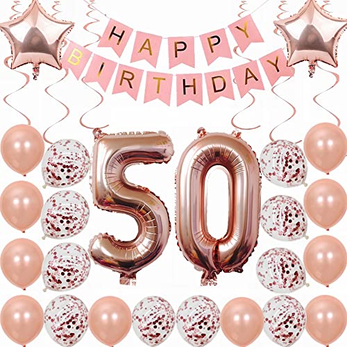 Kiwochy 50. Geburtstag Dekoration Rosegold Deko 50. Geburtstag Frauen Männer Party Deko Set 50 Geburtstag Frauen Deko Geschenk 50 jahre Geburtstag deko Ballon 50 Geburtstag Frauen 50 jahre Frauen von Kiwochy