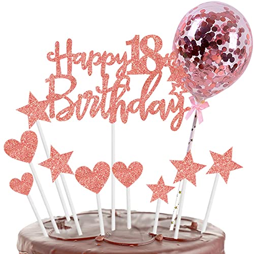 Kiwochy Rose Gold 18. Geburtstag Kuchendeko: 10-teiliges Set mit 'Happy 18th Birthday'-Aufsätzen, Glitzersternen, Glitzerherzen und Konfettiballons für Geburtstagsfeiern und mehr von Kiwochy