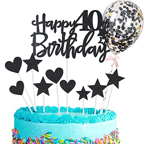 Kiwochy Glitzer 40. Geburtstag Cupcake Toppers Happy Birthday Tortendeko Schwarz Kuchendeko für Mann Frau 40 Jahre von Kiwochy