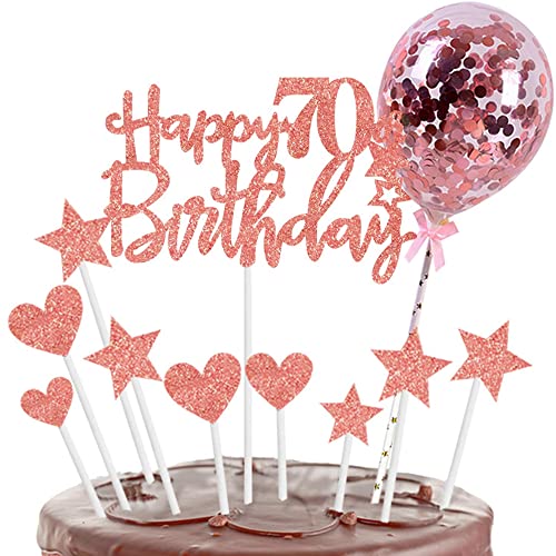 Kiwochy Rose Gold Kuchendeko 70. Geburtstag: 10-teiliges Set mit 'Happy 70th Birthday'-Aufsätzen, Glitzersternen, Glitzerherzen und Konfettiballons für Tortendeko und mehr von Kiwochy
