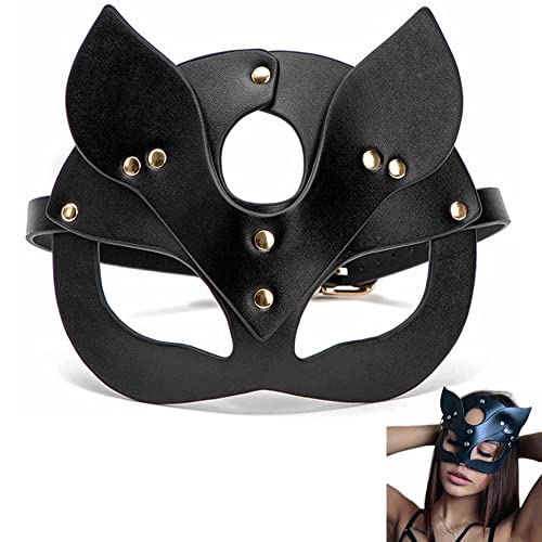 Kiwochy Katze Schwarze Maskerade Gesichtsmaske Damen Halbes Gesicht aus PU Leder für Karneval Mottoparty Kostüm Abschlussball Augenmaske von Kiwochy