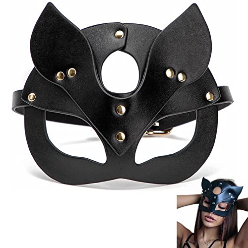 Kiwochy Katze Maske Schwarze Maskerade Gesichtsmaske Damen Maske Halbes Gesicht Maske aus PU Leder Karnevalmasquerade Mask für Weiblichen Karneval Mottoparty Kostüm Maske Abschlussball Augenmaske von Kiwochy