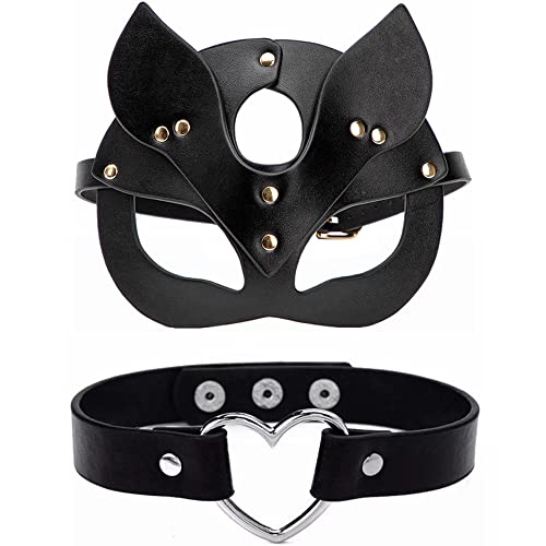 Kiwochy Katze Maske Mit Herz Halskette - Schwarze Maskerade Gesichtsmaske Damen Halbes Gesicht Aus PU Leder für Karneval Mottoparty Kostüm Abschlussball Augenma von Kiwochy