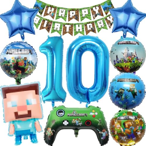 Kiwochy Kindergeburtstag Deko 10 Jahre Luftballon Miner Gamer Geburtstag Party Deko Spiel Gamer Luftballon Miner Gamer Kinderge Happy Birthday Banner für Geburtstag Party Deko von Kiwochy