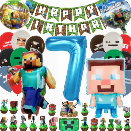 Kiwochy Kindergeburtstag Deko 7 Jahre Luftballon 7. Geburtstagsdeko Miner Gamer Geburtstag Party Deko Spiel Luftballon Miner Gamer Kindergeburtstag Happy Birthday Banner Cupcake Toppers von Kiwochy
