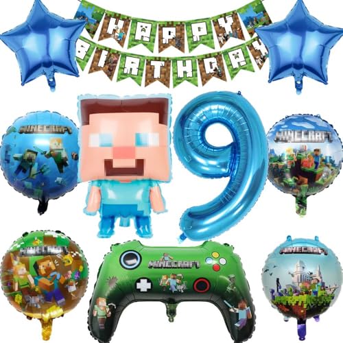 Kiwochy Kindergeburtstag Deko 9 Jahre Luftballon Miner Gamer Geburtstag Party Deko Spiel Gamer Luftballon Miner Gamer Kinderge Happy Birthday Banner für Geburtstag Party Deko von Kiwochy