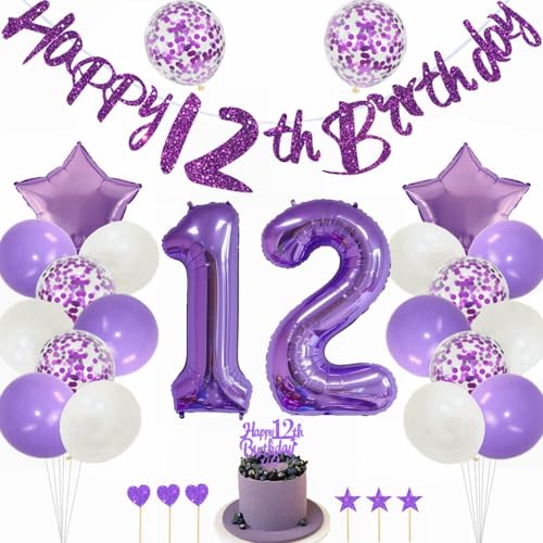 Kiwochy Lila 12. Geburtstag Deko für Mädchen - Tortendeko, Luftballons, Nummer 12 Folienballon, Party Dekoration für 12 Jahre von Kiwochy
