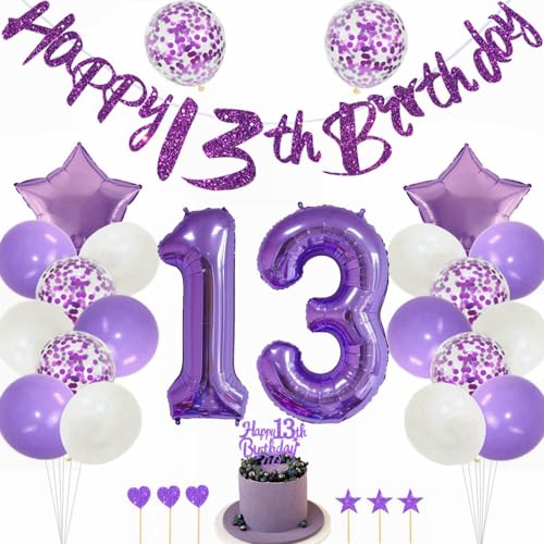 Kiwochy Lila 13. Geburtstag Deko Mädchen - Tortendeko, Luftballons, Nummer 13 Folienballon, Party Dekoration für 13 Jahre von Kiwochy