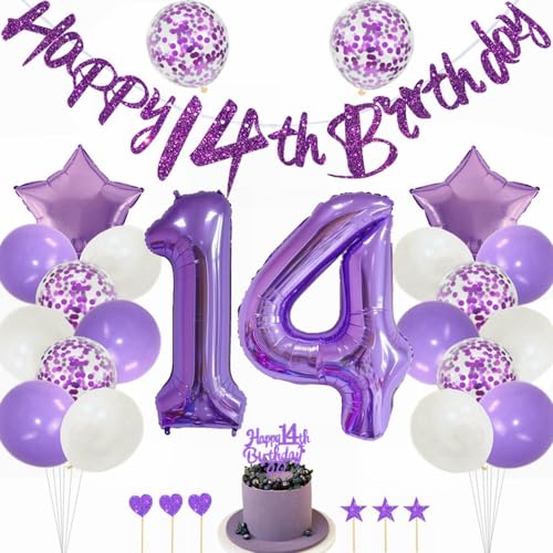 Kiwochy Lila 14. Geburtstag Deko Mädchen - Tortendeko, Luftballons, Nummer 14 Folienballon, Party Dekoration für 14 Jahre von Kiwochy