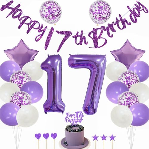 Kiwochy Lila 17 Geburtstag Deko Mädchen - Tortendeko, Luftballons, Nummer 17 Folienballon, Party Dekoration für 17 Jahre von Kiwochy