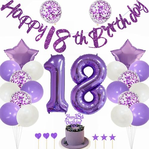 Kiwochy Lila 18 Geburtstag Deko Mädchen - Tortendeko, Luftballons, Nummer 18 Folienballon, Party Dekoration für 18 Jahre von Kiwochy