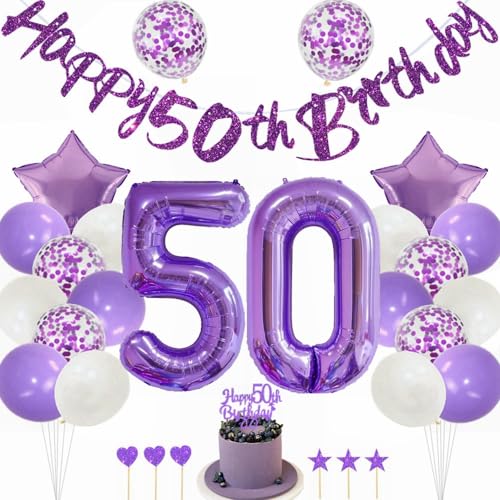 Kiwochy Lila 50. Geburtstag Dekoration für Mädchen - Tortendeko, Luftballons, Nummer 50 Folienballon, Party Deko Set von Kiwochy