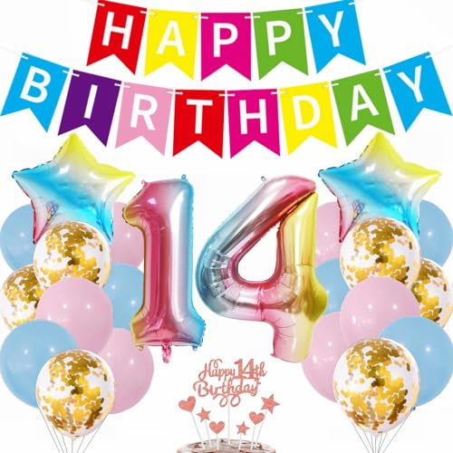 Kiwochy Luftballon 14. Geburtstag Rosa 14 Geburtstag Deko Mädchen 14 Geburtstag Party Deko Rosa Tortendeko Geburtstagsdeko Nummer 14 Folienballon Regenbogen Luftballon 14 jahre Geburtstag Deko Ballon von Kiwochy