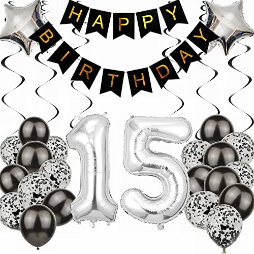 Kiwochy Luftballon 15. Geburtstag Dekoration - Black and Silber Party Deko für Junge und Mädchen - Geschenk 15 Jahre von Kiwochy