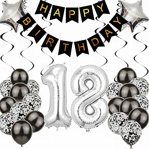 Kiwochy Luftballon 18. Geburtstag Dekoration Black and Silber - Party Deko für Junge und Mädchen - Geschenk 18 Jahre von Kiwochy