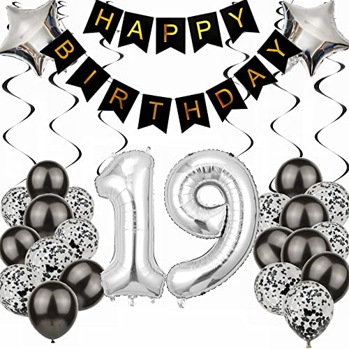 Kiwochy Luftballon 19. Geburtstag Dekoration - Black and Silber Party Deko für Junge und Mädchen - Geschenk 19 Jahre von Kiwochy