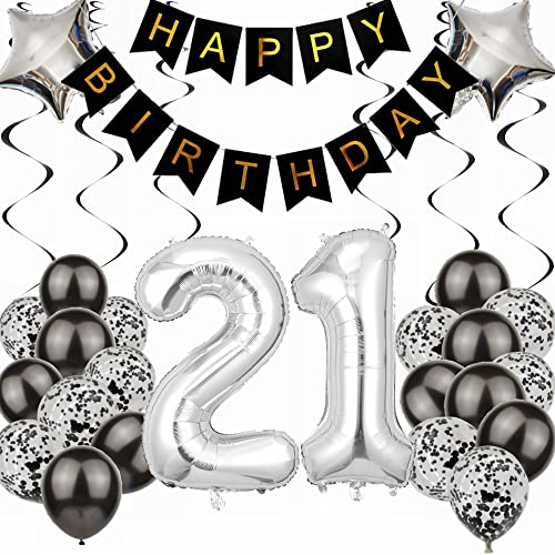 Kiwochy Luftballon 21. Geburtstag Dekoration - Black and Silber Party Deko für Junge, Männer, Frauen - Geschenk 21 Jahre von Kiwochy