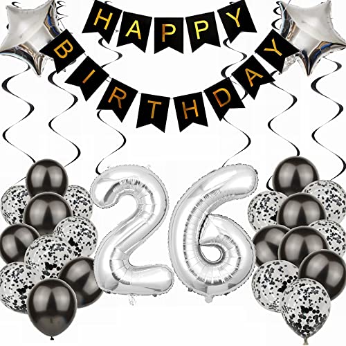 Kiwochy Luftballon 26. Geburtstag Dekoration - Black and Silber Party Deko für Junge, Männer, Frauen - Geschenk 26 Jahre von Kiwochy