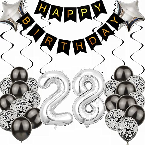 Kiwochy Luftballon 28. Geburtstag Dekoration - Black and Silber Party Deko für Junge, Männer, Frauen - Geschenk 28 Jahre von Kiwochy
