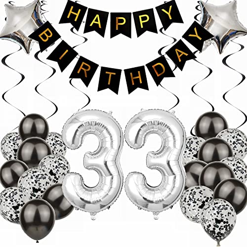 Kiwochy Luftballon 33. Geburtstag Dekoration - Black and Silber Party Deko für Junge, Männer, Frauen - Geschenk 33 Jahre von Kiwochy