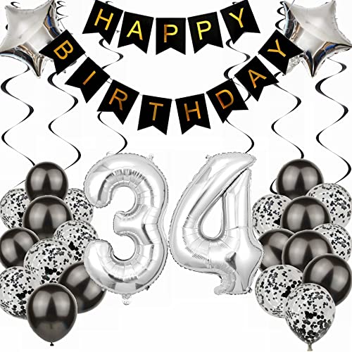 Kiwochy Luftballon 34. Geburtstag Dekoration - Black and Silber Party Deko für Junge, Männer, Frauen - Geschenk 34 Jahre Ballon von Kiwochy