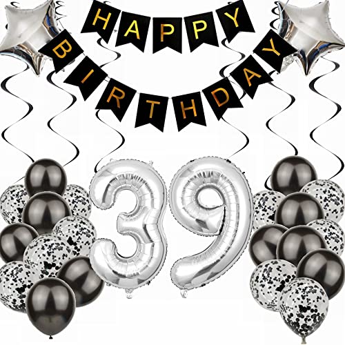 Kiwochy Luftballon 39. Geburtstag Dekoration - Black and Silber Party Deko für Junge, Männer, Frauen - Geschenk 39 Jahre von Kiwochy