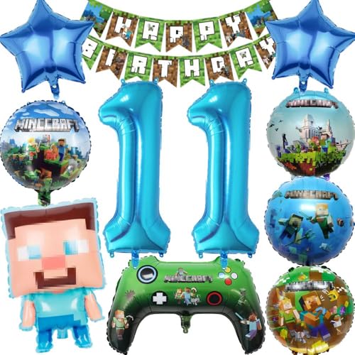 Kiwochy Kindergeburtstag Deko 11 Jahre Luftballon Miner Gamer Geburtstag Party Deko Spiel Gamer Luftballon Miner Gamer Kinderge Happy Birthday Banner für Geburtstag Party Deko von Kiwochy