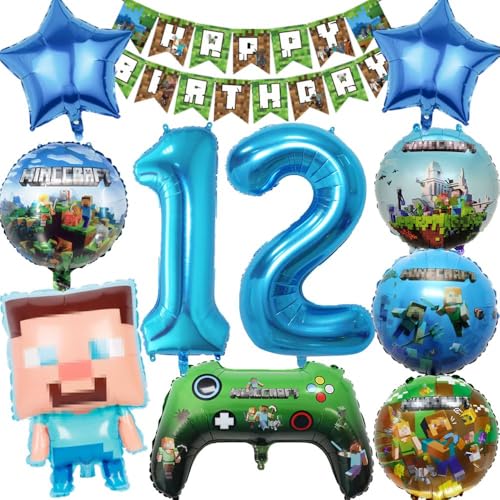 Kiwochy Kindergeburtstag Deko 12 Jahre Luftballon Miner Gamer Geburtstag Party Deko Spiel Gamer Luftballon Miner Gamer Kinderge Happy Birthday Banner für Geburtstag Party Deko von Kiwochy