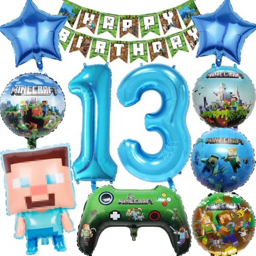 Kiwochy Kindergeburtstag Deko 13 Jahre Luftballon Miner Gamer Geburtstag Party Deko Spiel Gamer Luftballon Miner Gamer Kinderge Happy Birthday Banner für Geburtstag Party Deko von Kiwochy