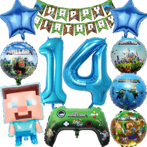 Kiwochy Kindergeburtstag Deko 14 Jahre Luftballon Miner Gamer Geburtstag Party Deko Spiel Gamer Luftballon Miner Gamer Kinderge Happy Birthday Banner für Geburtstag Party Deko von Kiwochy