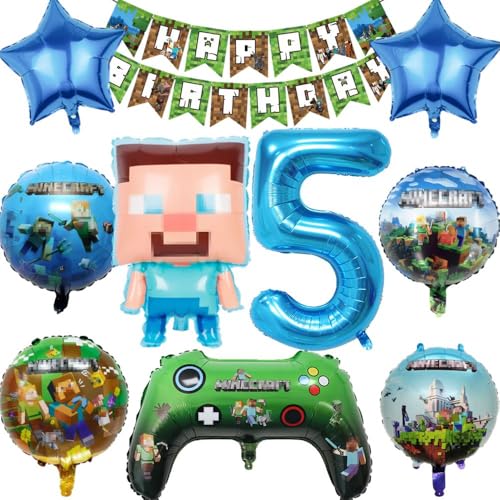 Kiwochy Kindergeburtstag Deko 5 Jahre Luftballon Miner Gamer Geburtstag Party Deko Spiel Gamer Luftballon Miner Gamer Kinderge Happy Birthday Banner für Geburtstag Party Deko von Kiwochy