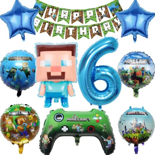 Kiwochy Kindergeburtstag Deko 6 Jahre Luftballon Miner Gamer Geburtstag Party Deko Spiel Gamer Luftballon Miner Gamer Kinderge Happy Birthday Banner für Geburtstag Party Deko von Kiwochy