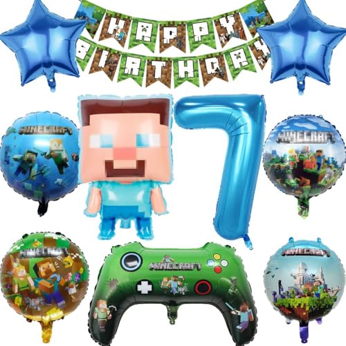 Kiwochy Kindergeburtstag Deko 7 Jahre Luftballon Miner Gamer Geburtstag Party Deko Spiel Gamer Luftballon Miner Gamer Kinderge Happy Birthday Banner für Geburtstag Party Deko von Kiwochy