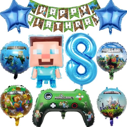 Kiwochy Kindergeburtstag Deko 8 Jahre Luftballon Miner Gamer Geburtstag Party Deko Spiel Gamer Luftballon Miner Gamer Kinderge Happy Birthday Banner für Geburtstag Party Deko von Kiwochy