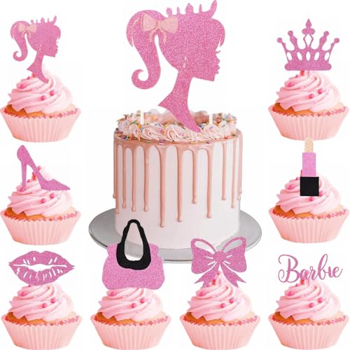 Kiwochy Prinzessin Cupcake Toppers Tortendeko Geburtstag Mädchen Rosa Kuchendeko High Heels Lippenstift Fliege Kuchen Deko Makeup Cupcake Toppers für Mädchen Princess Thema Party Kuchen Dekoration von Kiwochy