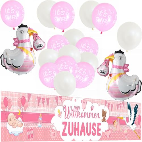 Kiwochy Willkommen Baby Zuhause Deko - Rosa Gartenbanner, Storch Folienballons für Mädchen von Kiwochy