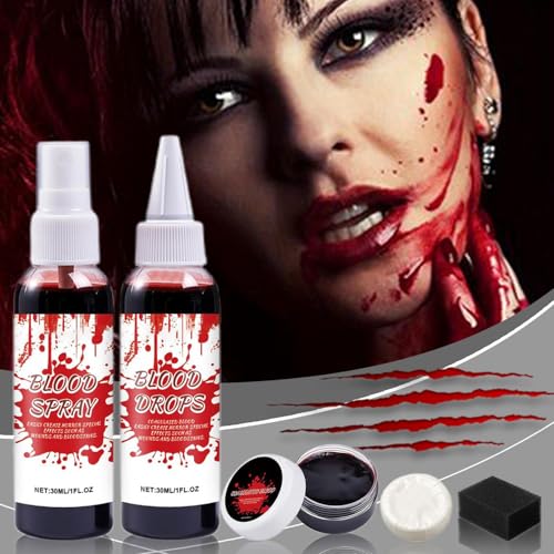 Kixolazr Halloween Kunstblut Set,Realistische Rote Falschblut Sprühflasche Mit Reinigungsseife - Abwaschbare Kostüm Accessoires Für Cosplay Rollenspiel Bühnenauftritt Motto Party Foto von Kixolazr