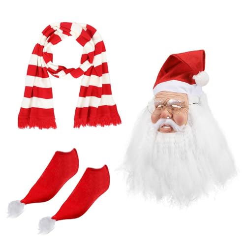 Kixolazr Weihnachtsmann-Gesichtsbedeckung, Weihnachtsmaske mit Bart und roter Mütze, Rollenspiel-Kostüm-Set mit Schal, Socken, Maske für Damen und Herren Kixolazr Weihnachtsmann-Gesichtsbedeckung, Weihnachtsmaske mit Bart und roter Mütze, Rollenspiel-Kostüm-Set mit Schal, Socken, Maske für Damen und Herren von Kixolazr