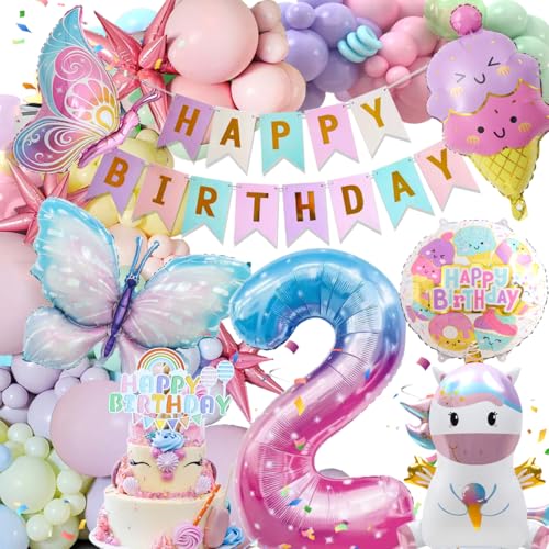 2 Jahre Geburtstagsdeko Mädchen, Deko Luftballons Kindergeburtstag, Einhorn Kindergeburtstag Deko, 2 Jahre Happy Birthday Deko, Einhorn Schmetterling Folienballon Geburtstag Deko für 2 Jahre Mädchen von Kiyiusan