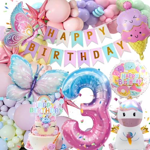 3 Jahre Geburtstagsdeko Mädchen, Deko Luftballons Kindergeburtstag, Einhorn Kindergeburtstag Deko, 3 Jahre Happy Birthday Deko, Einhorn Schmetterling Folienballon Geburtstag Deko für 3 Jahre Mädchen von Kiyiusan