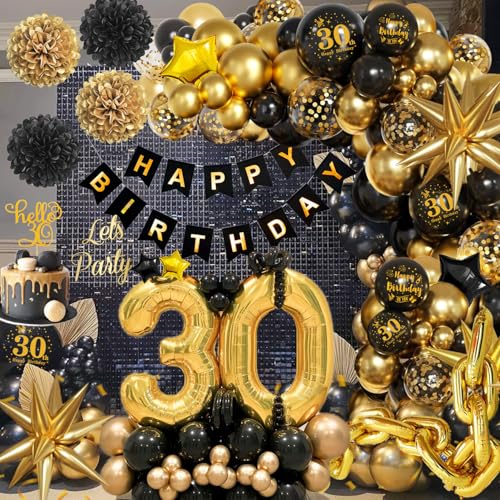 30 Jahre Geburtstag Deko Schwarz Gold - Happy Birthday Girlande, Ballons, Konfetti für Männer und Frauen von Kiyiusan