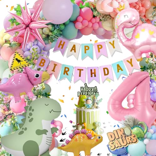 4 Jahre Geburtstagsdeko Mädchen, Deko Luftballons Kindergeburtstag, Dinosaurier Kindergeburtstag Deko, 4 Jahre Happy Birthday Deko, Dinosaurier Macaron Ballon Geburtstag Deko für Mädchen von Kiyiusan