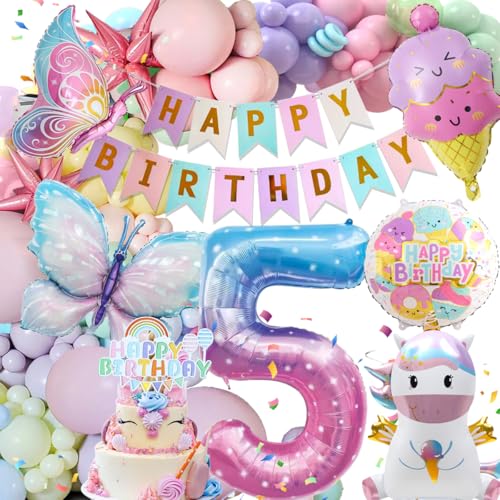 5 Jahre Geburtstagsdeko Mädchen, Deko Luftballons Kindergeburtstag, Einhorn Kindergeburtstag Deko, 5 Jahre Happy Birthday Deko, Einhorn Schmetterling Folienballon Geburtstag Deko für 5 Jahre Mädchen von Kiyiusan