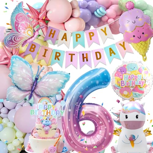 6 Jahre Geburtstagsdeko Mädchen, Deko Luftballons Kindergeburtstag, Einhorn Kindergeburtstag , Happy Birthday , Einhorn Schmetterling Folienballon Geburtstag Deko für 6 Jahre Mädchen von Kiyiusan