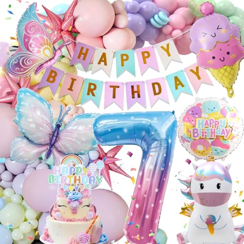 7 Jahre Geburtstagsdeko Mädchen, Deko Luftballons Kindergeburtstag, Einhorn Kindergeburtstag Deko, 7 Jahre Happy Birthday Deko, Einhorn Schmetterling Folienballon Geburtstag Deko für 7 Jahre Mädchen von Kiyiusan