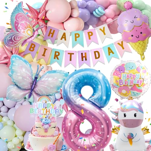 8 Jahre Geburtstagsdeko Mädchen, Deko Luftballons Kindergeburtstag, Einhorn Kindergeburtstag Deko, 8 Jahre Happy Birthday Deko, Einhorn Schmetterling Folienballon Geburtstag Deko für 8 Jahre Mädchen von Kiyiusan
