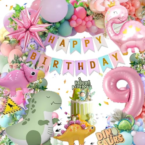 9 Jahre Geburtstagsdeko Mädchen, Deko Luftballons Kindergeburtstag, Dinosaurier Kindergeburtstag Deko, 9 Jahre Happy Birthday Deko, Dinosaurier Macaron Ballon Geburtstag Deko für Mädchen von Kiyiusan