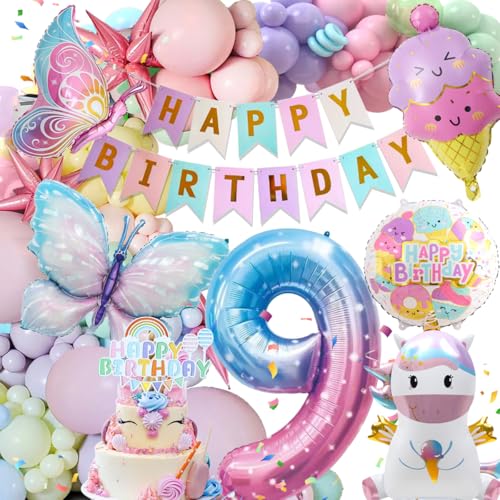 9 Jahre Geburtstagsdeko Mädchen, Deko Luftballons Kindergeburtstag, Einhorn Kindergeburtstag Deko, 9 Jahre Happy Birthday Deko, Einhorn Schmetterling Folienballon Geburtstag Deko für 9 Jahre Mädchen von Kiyiusan