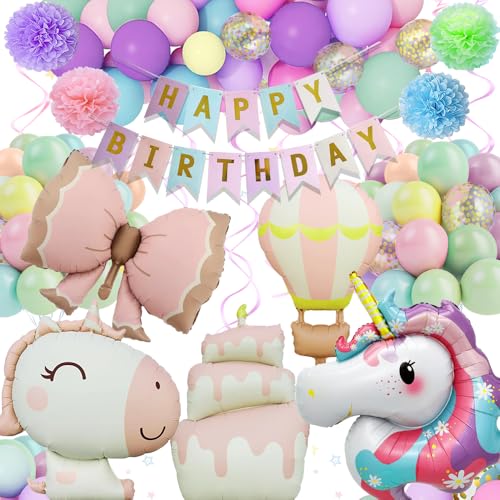 Geburtstagsdeko Mädchen, Deko Luftballons Kinder Geburtstag, Einhorn Kinder Geburtstag Deko, Happy Birthday Deko mit Happy Birthday Banner, Pompons, Hängewirbel für Mädchen Geburtstag von Kiyiusan