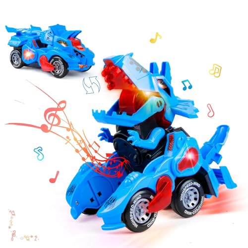 Kizeefun Dinosaurier Transform Auto - Automatische Transformer Spielzeug, Elektrische Transformator Dino Auto mit LED Licht, Musik und Universalrad, Geschenk für Jungen Kinder 3 4 5 6 7 Jahre von Kizeefun
